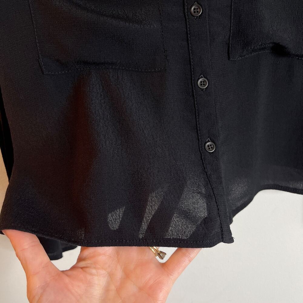 Topshop Women's Blouse 4 Black Slit Long Sleeve V-Neck Button Front Sheer Top - Picture 4 of 8